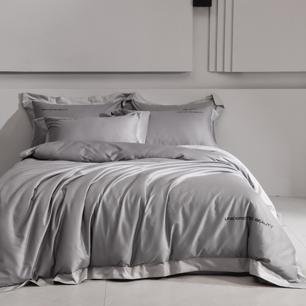 米奈家居 2025新款贴边拼角100支新疆长绒棉四件套 松雾灰