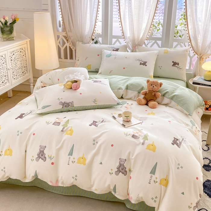 91家纺网 家纺一手货源 找家纺 宜家坊 2025早春新品全棉纯棉喷气13070小清新印花纯棉四件套-风格二 秘森茶话会