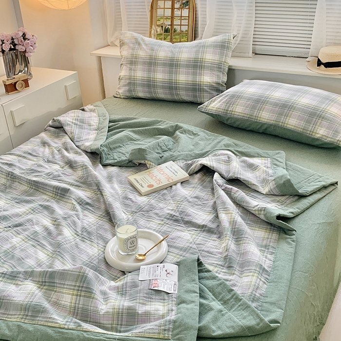 91家纺网 家纺一手货源 找家纺 水洗的故事 2025新款全棉色织水洗棉棉花夏被被子被芯 仙踪绿格