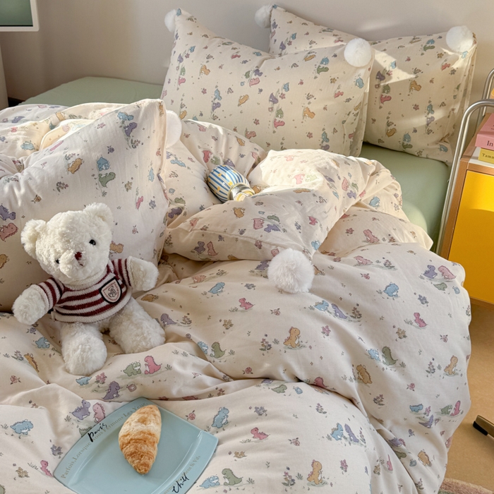 91家纺网 家纺一手货源 找家纺 金爱家 2025新款亲肤舒适纯棉双层纱四件套 双层纱-彩色小恐龙