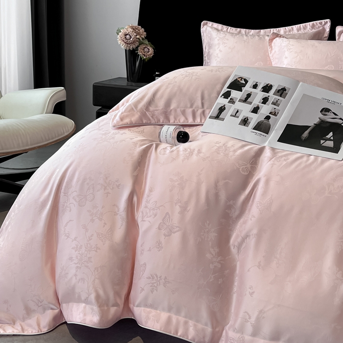 91家纺网 家纺一手货源 找家纺 米彩家纺 2025新款A类水洗真丝天丝提花四件套 雾中花影珍珠粉