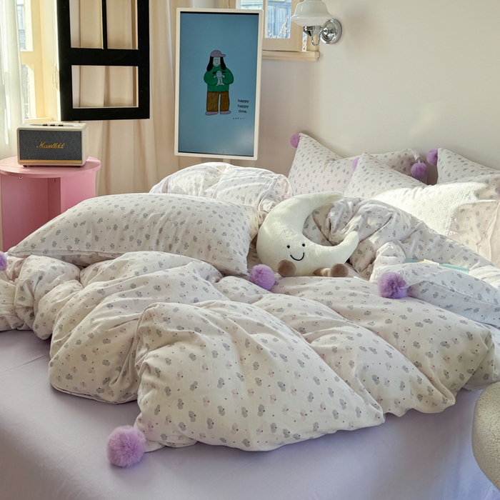 91家纺网 家纺一手货源 找家纺 金爱家 2025新款亲肤舒适纯棉双层纱四件套 双层纱-芋泥紫小象