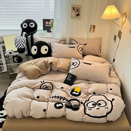 沐慕 2025新款简约亲肤毛巾绣四件套 黑球球-卡其