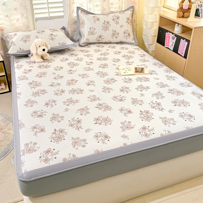 91家纺网 家纺一手货源 找家纺 2025新款小清新数码印花床笠款冰藤席 床笠繁花似锦