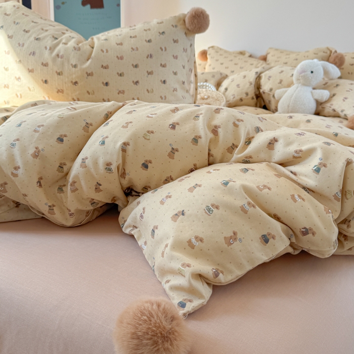 91家纺网 家纺一手货源 找家纺 金爱家 2025新款亲肤舒适纯棉双层纱四件套 双层纱-奶咖小兔