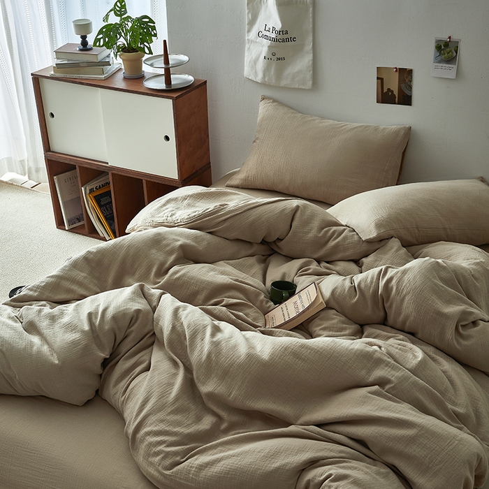 91家纺网 家纺一手货源 找家纺 水洗的故事 2025新款全棉A类皱皱纱纯色混搭四件套 米茶