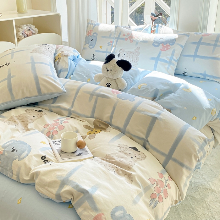 91家纺网 家纺一手货源 找家纺 宜家坊 2025早春新品全棉纯棉喷气13070小清新印花纯棉四件套-风格二 玩偶派对