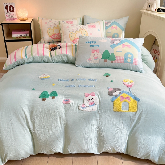 91家纺网 家纺一手货源 找家纺 沐慕 2025新款大版印加绣款四件套 萌宠家园