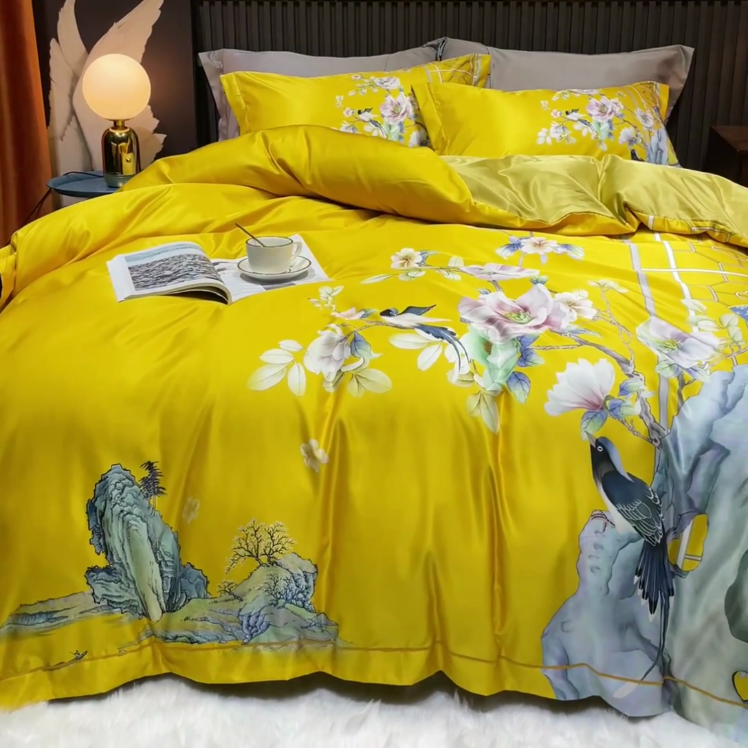 91家纺网 家纺一手货源 找家纺 梵克保罗 2025春夏新款天丝数码大版印花四件套 奥洛琳-金