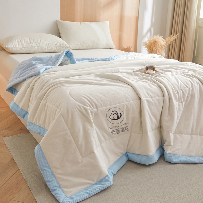 91家纺网 家纺一手货源 找家纺 熙宴家纺 2025新款水洗棉100%新疆棉花夏被-棉白 棉白+蓝