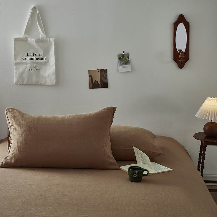 91家纺网 家纺一手货源 找家纺 水洗的故事 2025新款全棉A类皱皱纱纯色混搭四件套 摩卡