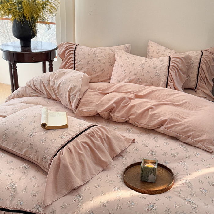 91家纺网 家纺一手货源 找家纺 沐慕 2025新款法式针织双层纱印花系列四件套 春和