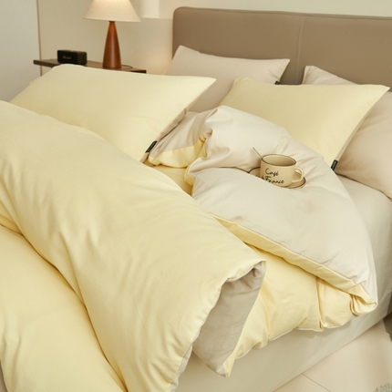 2025新款全棉13372水洗棉双拼四件套（影棚亮光） 蘑菇黄+天青韵白