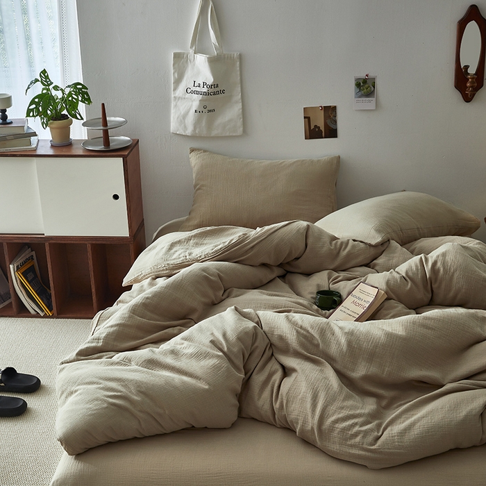 91家纺网 家纺一手货源 找家纺 水洗的故事 2025新款全棉A类皱皱纱纯色混搭四件套 米茶