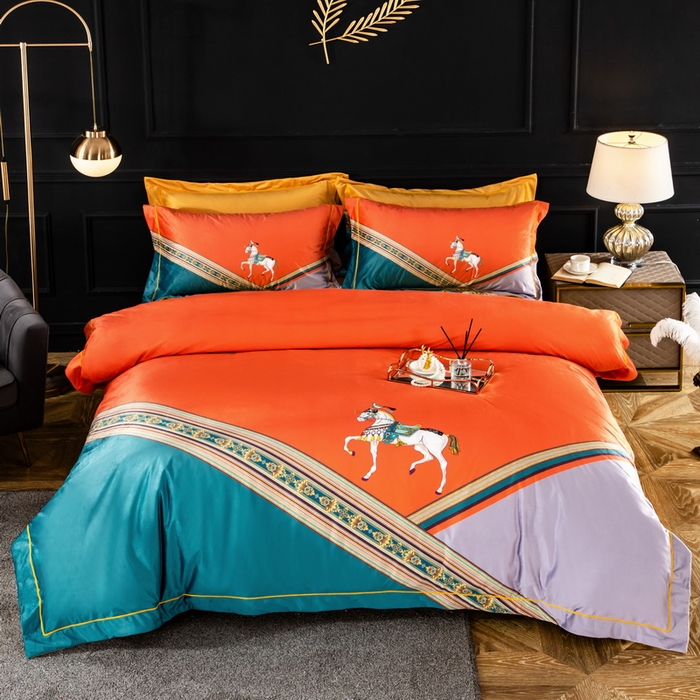 91家纺网 家纺一手货源 找家纺 梵克保罗 2025春夏新款天丝数码大版印花四件套 爱玛-橘