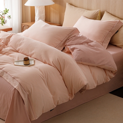 2025新款纯棉水洗棉简约密条四件套 密条四件套-浅粉