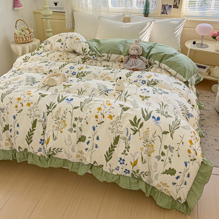 91家纺网 家纺一手货源 找家纺 忆生活家纺 2025新款韩版全棉花边款-单被套系列 桑梓绿