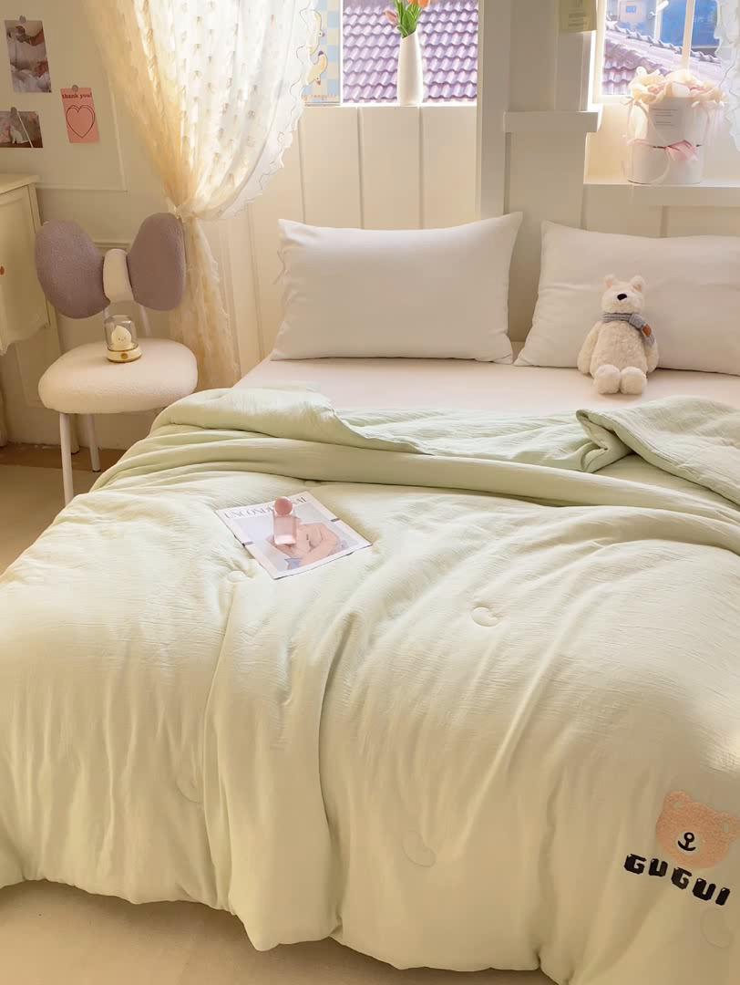 91家纺网 家纺一手货源 找家纺 沃尔居 新款水洗全棉双层纱夏被空调被大豆被纯棉春秋被子被芯夏凉被 小熊-浅绿色