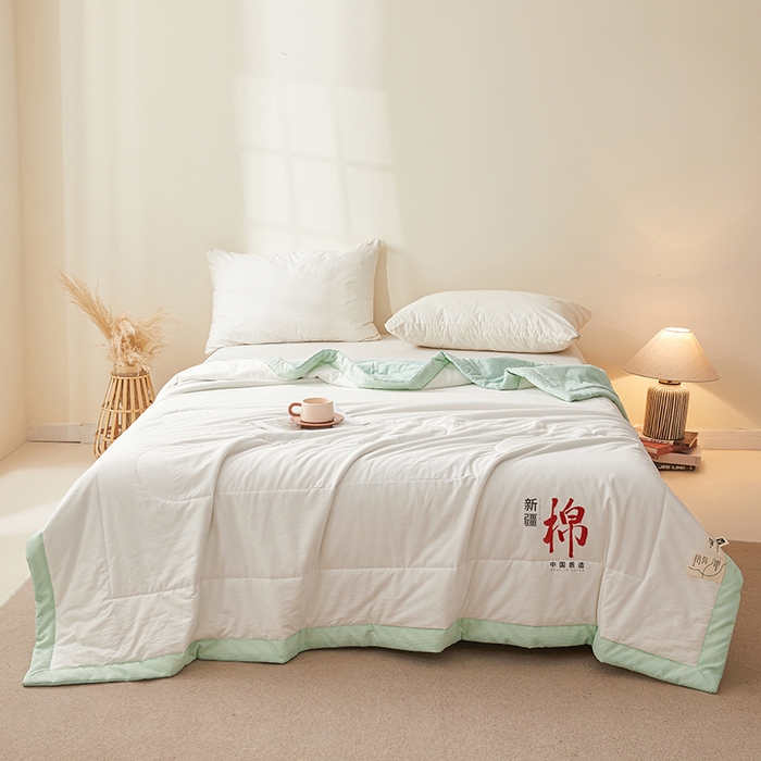 91家纺网 家纺一手货源 找家纺 熙宴家纺 2025新款水洗棉100%新疆棉花夏被-月光白 月光白+绿
