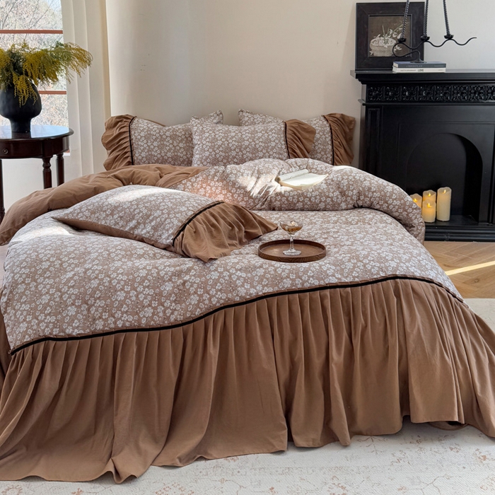 91家纺网 家纺一手货源 找家纺 沐慕 2025新款法式针织双层纱印花系列四件套 椿山集 咖