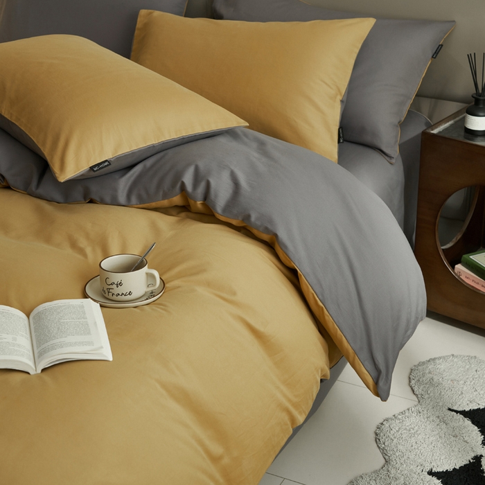 91家纺网 家纺一手货源 找家纺 2025新款全棉13372水洗棉双拼四件套（影棚暗光） 暗木幽香+宝藏灰