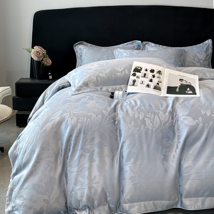 91家纺网 家纺一手货源 找家纺 米彩家纺 2025新款A类水洗真丝天丝提花四件套 叶琉璃浅灰