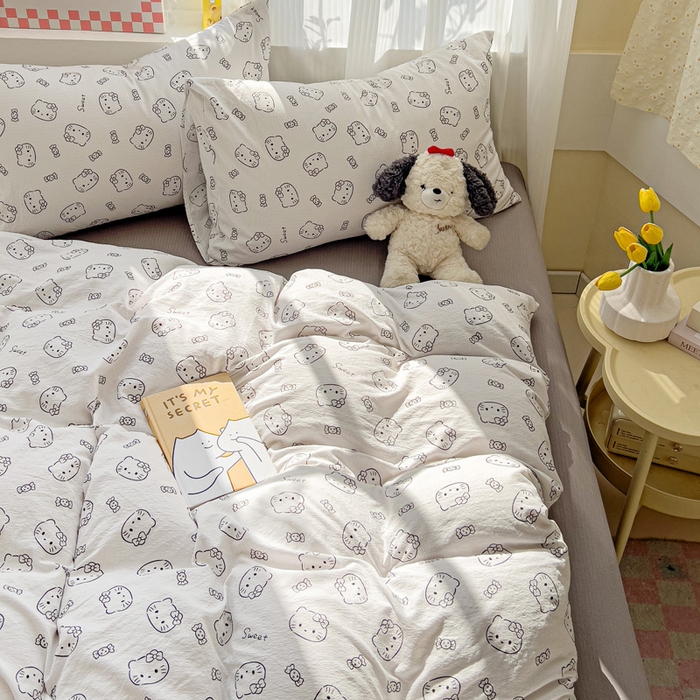 91家纺网 家纺一手货源 找家纺 优选 2025新款加厚云感棉双层纱四件套小碎花被套床单床笠款学生三件套新款直播热款 猫咪恋人