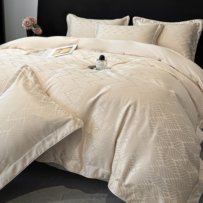 91家纺网 家纺一手货源 找家纺 米彩家纺 2025新款A类水洗真丝天丝提花四件套 小树叶浅香槟