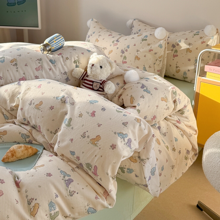 91家纺网 家纺一手货源 找家纺 金爱家 2025新款亲肤舒适纯棉双层纱四件套 双层纱-彩色小恐龙