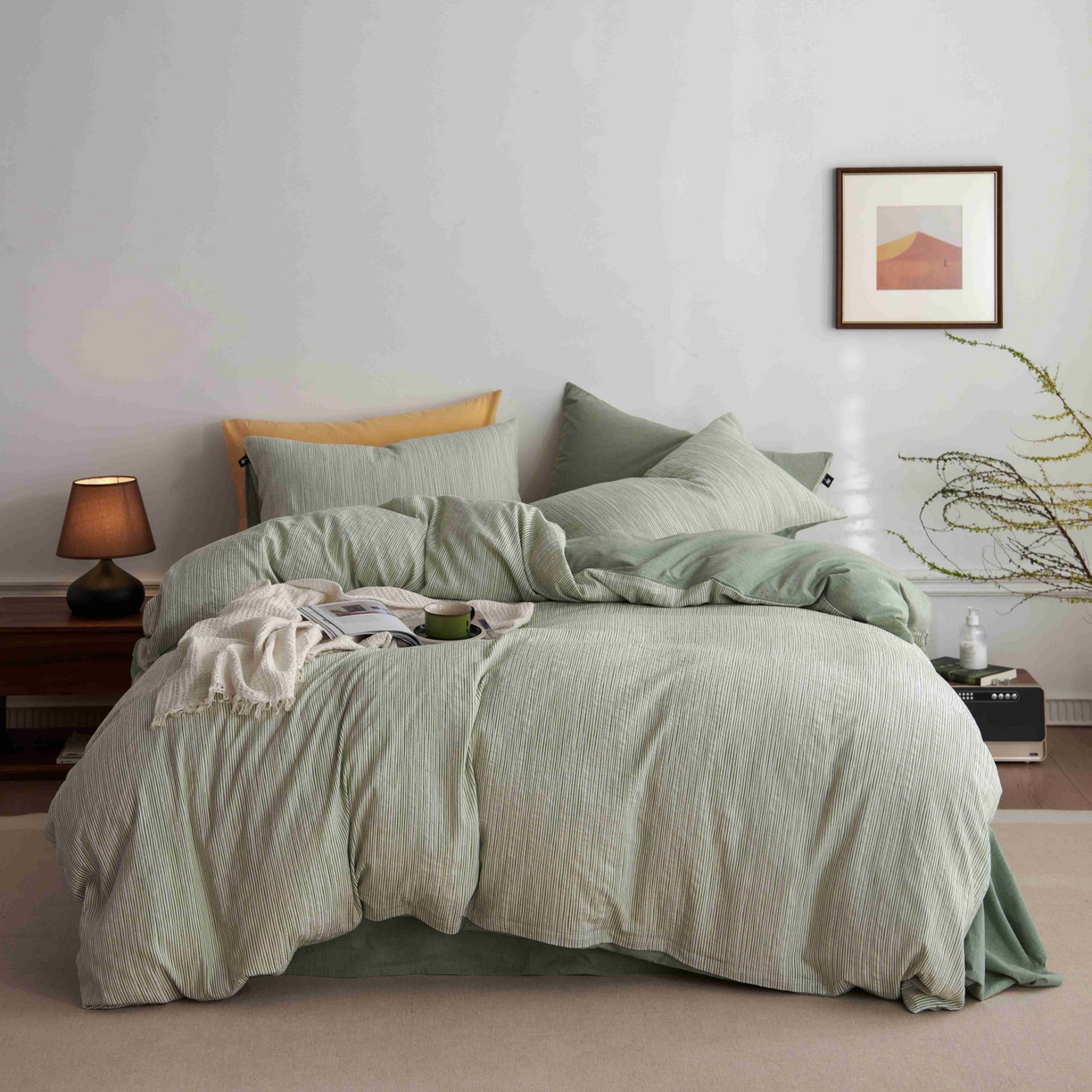 91家纺网 家纺一手货源 找家纺 安莱生活 2025新款60s色织大提花秘境条纹四件套系列 绿白混条