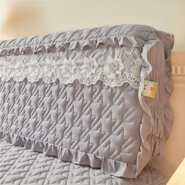 91家纺网 家纺一手货源 找家纺 十个点家纺 2025新款千鸟格磨毛绗缝夹棉纯色花边床头罩 经典浅灰