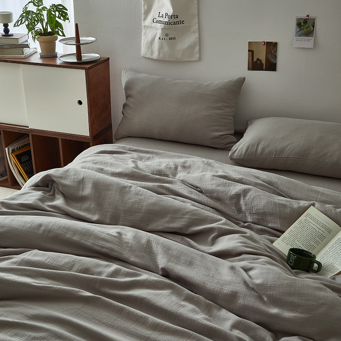 91家纺网 家纺一手货源 找家纺 水洗的故事 2025新款全棉A类皱皱纱纯色混搭四件套 炊烟