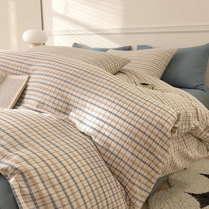 DoDo 兜兜 2025新款全棉双层纱印花四件套（可定做尺寸） 蓝调格子