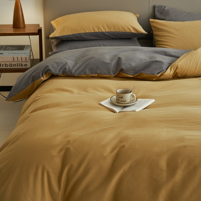 91家纺网 家纺一手货源 找家纺 2025新款全棉13372水洗棉双拼四件套（影棚亮光） 暗木幽香+宝藏灰