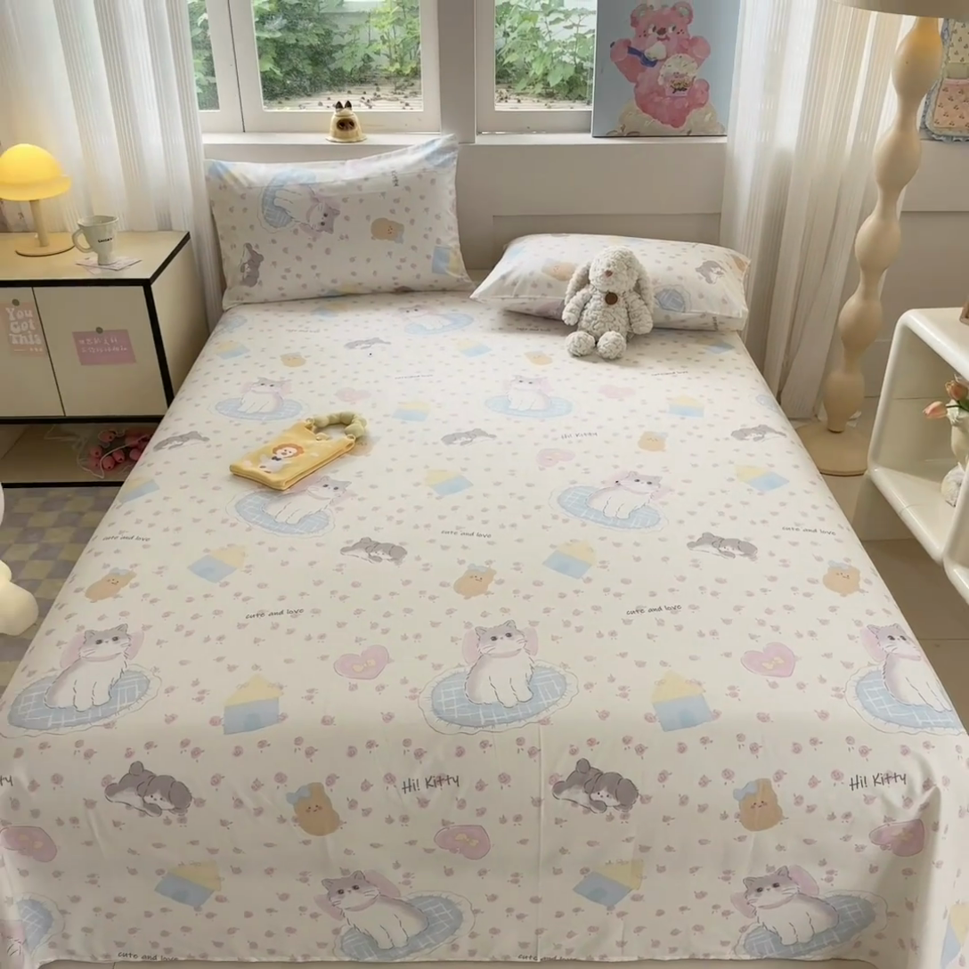 91家纺网 家纺一手货源 找家纺 吉象家纺 2025新款高支密全棉印花单品系列-单床单 喵喵聚会