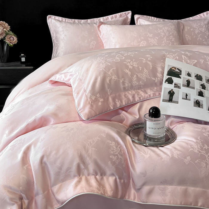 91家纺网 家纺一手货源 找家纺 米彩家纺 2025新款A类水洗真丝天丝提花四件套 雾中花影珍珠粉