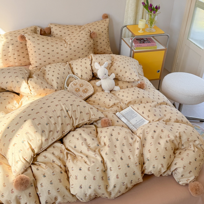 91家纺网 家纺一手货源 找家纺 金爱家 2025新款亲肤舒适纯棉双层纱四件套 双层纱-奶咖小兔