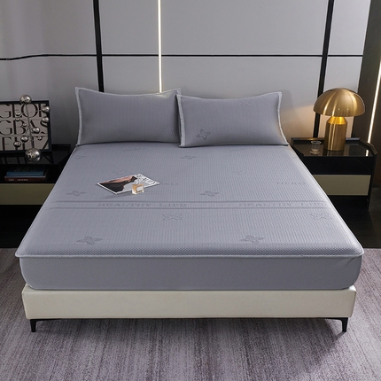 青雅席业 2025年新款7A抗菌母婴级纯乙纶PE刺绣凉感丝豆豆席床笠款 四叶花-灰