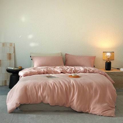 91家纺网 家纺一手货源 找家纺 （总）格里芬家纺 2025新款全棉水洗纯色双层皱皱纱四件套-雅典