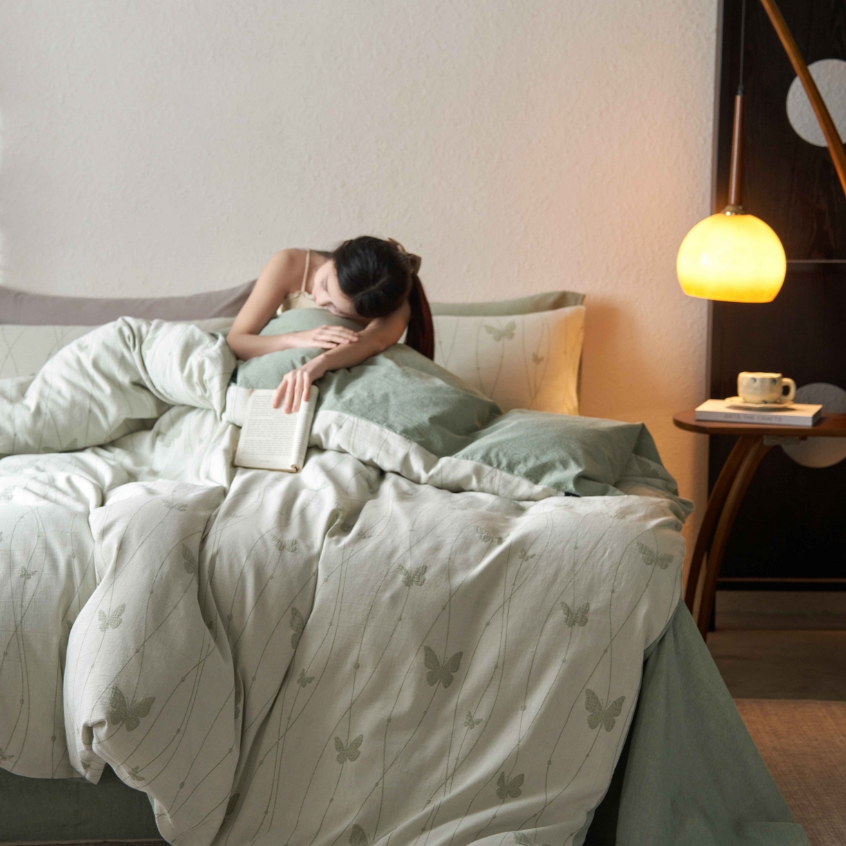 91家纺网 家纺一手货源 找家纺 安莱生活 2025新款60s双层纱色织大提花蝶舞翩翩四件套系列 蝶舞翩翩-草绿