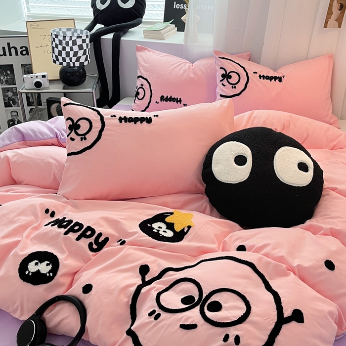 91家纺网 家纺一手货源 找家纺 沐慕 2025新款简约亲肤毛巾绣四件套 黑球球-粉紫