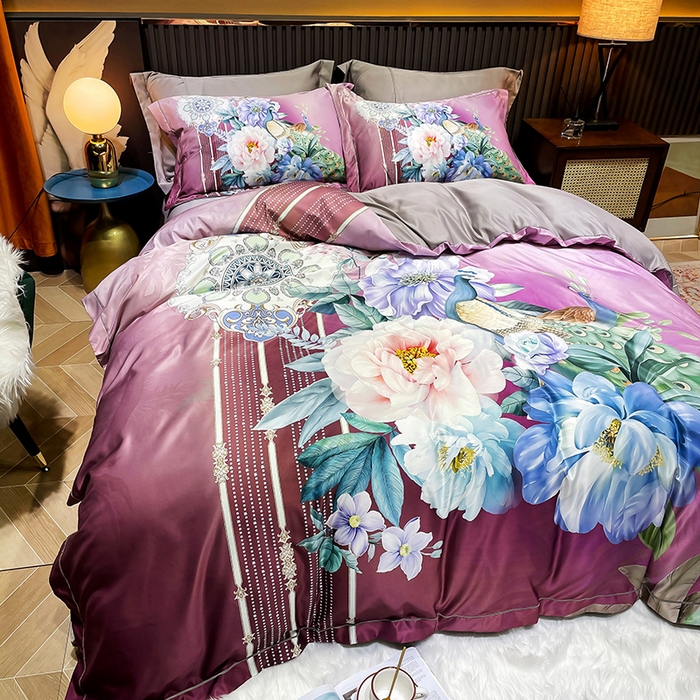 91家纺网 家纺一手货源 找家纺 梵克保罗 2025春夏新款天丝数码大版印花四件套 华尔兹-玫红