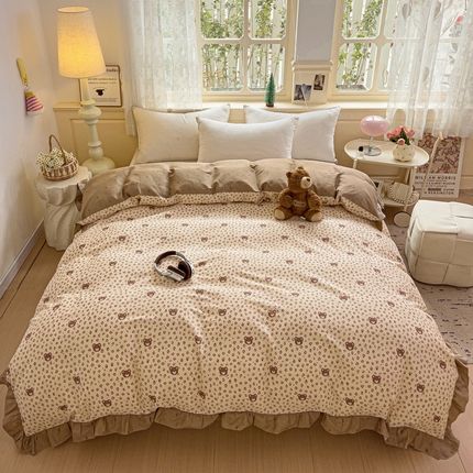 91家纺网 家纺一手货源 找家纺 忆生活家纺 2025新款韩版全棉花边款-单被套系列 豹纹小熊