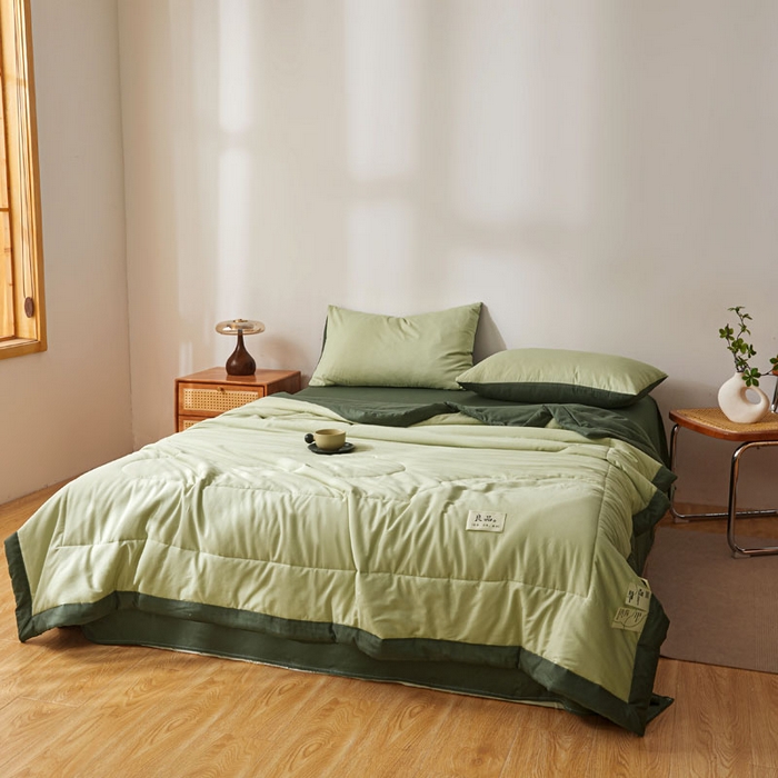 91家纺网 家纺一手货源 找家纺 熙宴家纺 2025新款纯色里外全棉夏被四件套 果绿+墨绿