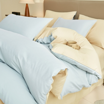 2025新款全棉13372水洗棉双拼四件套（影棚亮光） 天蓝+米黄
