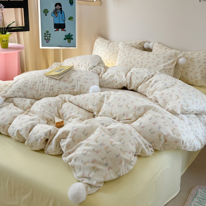 91家纺网 家纺一手货源 找家纺 金爱家 2025新款亲肤舒适纯棉双层纱四件套 双层纱-兔兔好朋友