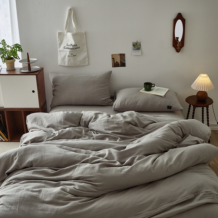 91家纺网 家纺一手货源 找家纺 水洗的故事 2025新款全棉A类皱皱纱纯色混搭四件套 炊烟