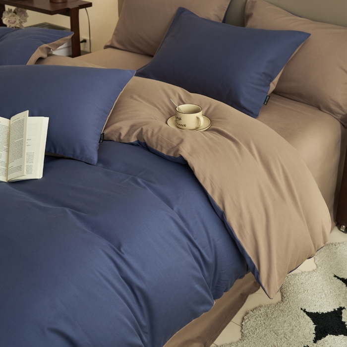 91家纺网 家纺一手货源 找家纺 2025新款全棉13372水洗棉双拼四件套（影棚暗光） 布鲁兰+拾柴