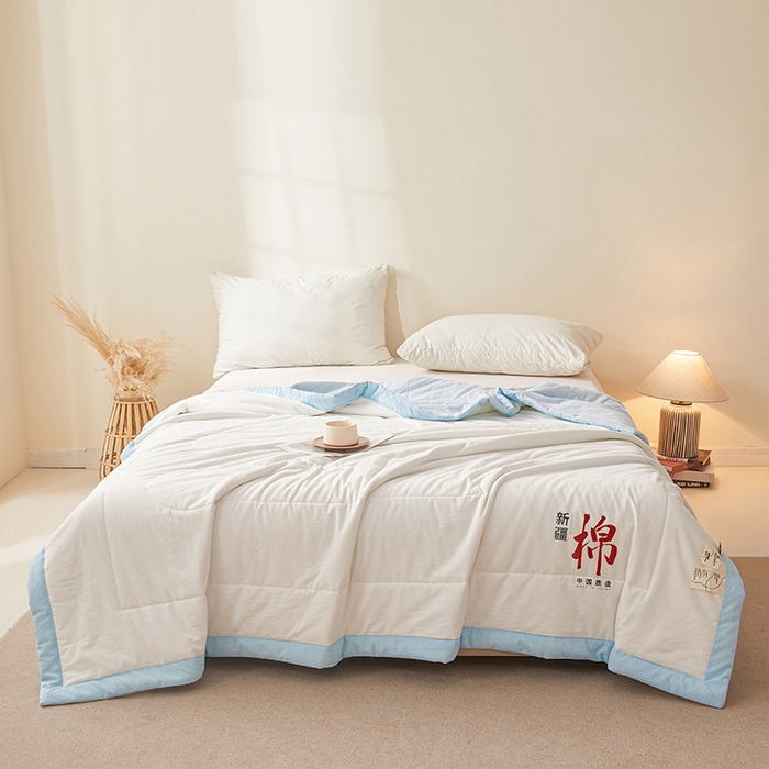 91家纺网 家纺一手货源 找家纺 熙宴家纺 2025新款水洗棉100%新疆棉花夏被-月光白 月光白+蓝