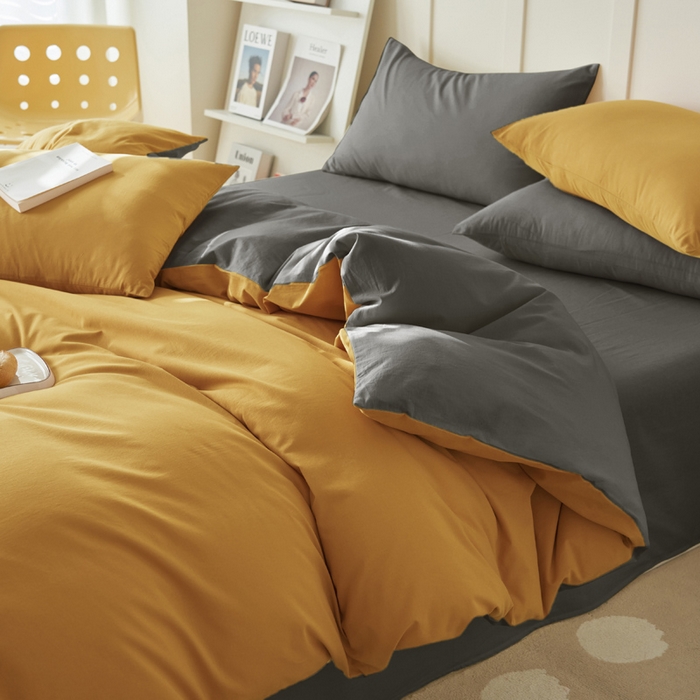 91家纺网 家纺一手货源 找家纺 2025新款全棉13372水洗棉双拼四件套（自然光） 暗木幽香+宝藏灰